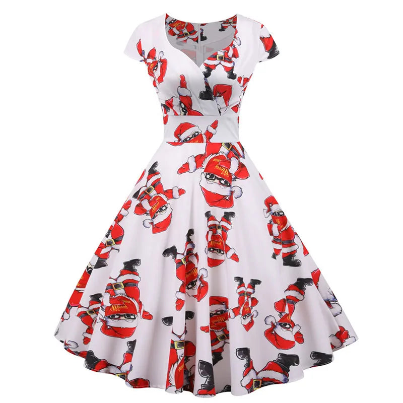 Christmas Party Dress Women Short Sleeve V Neck Elegant Vintage Print Xmas New Year Prom Sundress