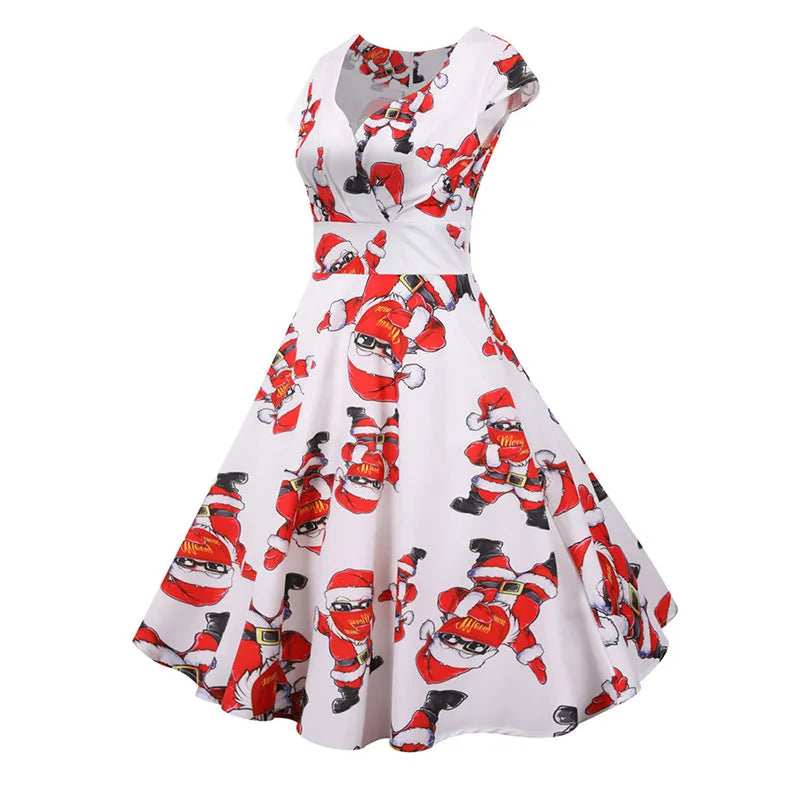 Christmas Party Dress Women Short Sleeve V Neck Elegant Vintage Print Xmas New Year Prom Sundress