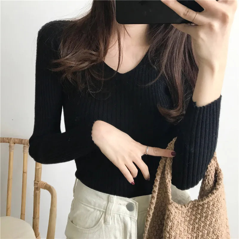 Korean Autumn V Neck Sweater Knitted Fashion Sweaters
 Slim Winter Tops For Women