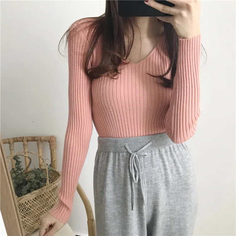 Korean Autumn V Neck Sweater Knitted Fashion Sweaters
 Slim Winter Tops For Women