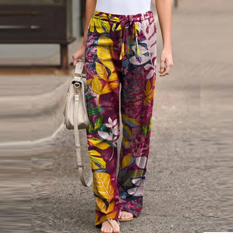 Vintage Women Drawstring Trousers Spring Autumn Fashion Floral Printed Wide Leg Pants