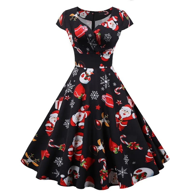 Christmas Party Dress Women Short Sleeve V Neck Elegant Vintage Print Xmas New Year Prom Sundress