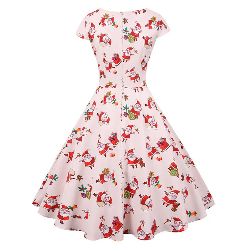 Christmas Party Dress Women Short Sleeve V Neck Elegant Vintage Print Xmas New Year Prom Sundress