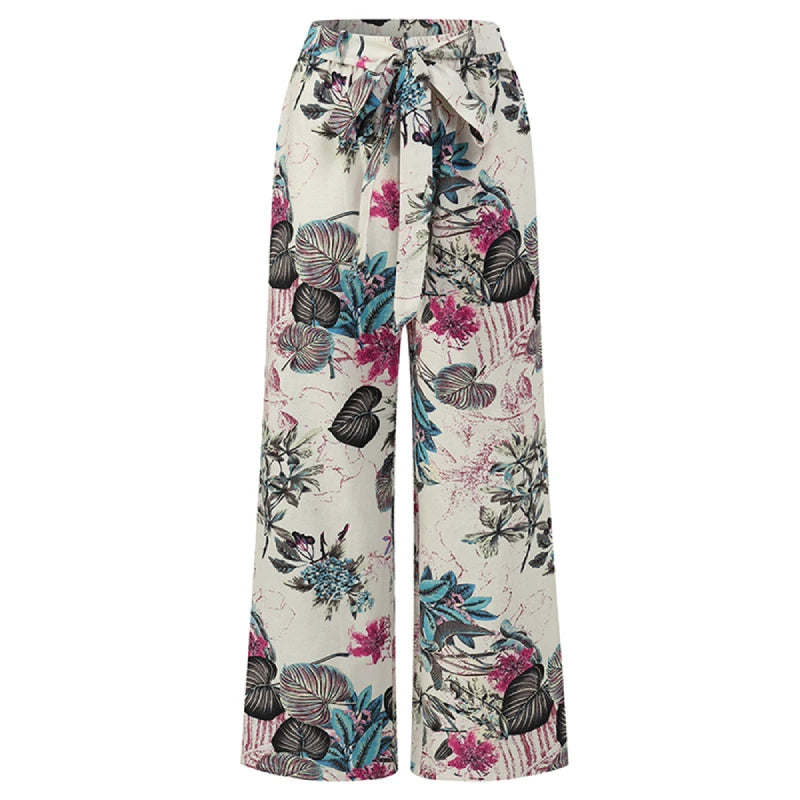 Vintage Women Drawstring Trousers Spring Autumn Fashion Floral Printed Wide Leg Pants