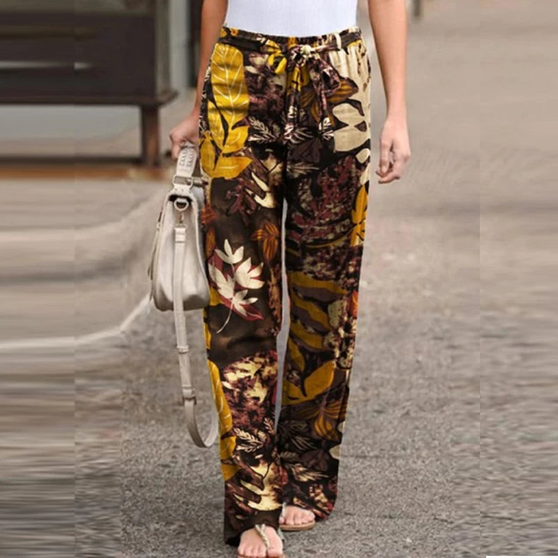 Vintage Women Drawstring Trousers Spring Autumn Fashion Floral Printed Wide Leg Pants