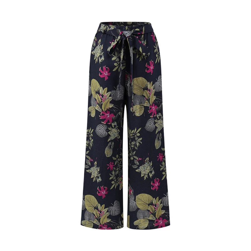 Vintage Women Drawstring Trousers Spring Autumn Fashion Floral Printed Wide Leg Pants