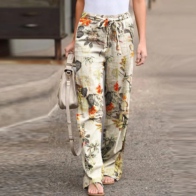 Vintage Women Drawstring Trousers Spring Autumn Fashion Floral Printed Wide Leg Pants