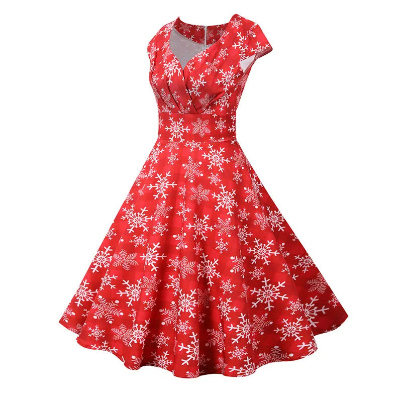 Christmas Party Dress Women Short Sleeve V Neck Elegant Vintage Print Xmas New Year Prom Sundress