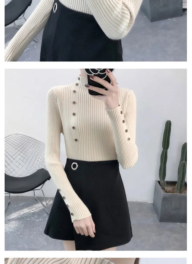 Women Autumn Knitted Slim Sweaters pullover button full sleeve Turtleneck

Pullovers Button Full Sleeve Turtleneck