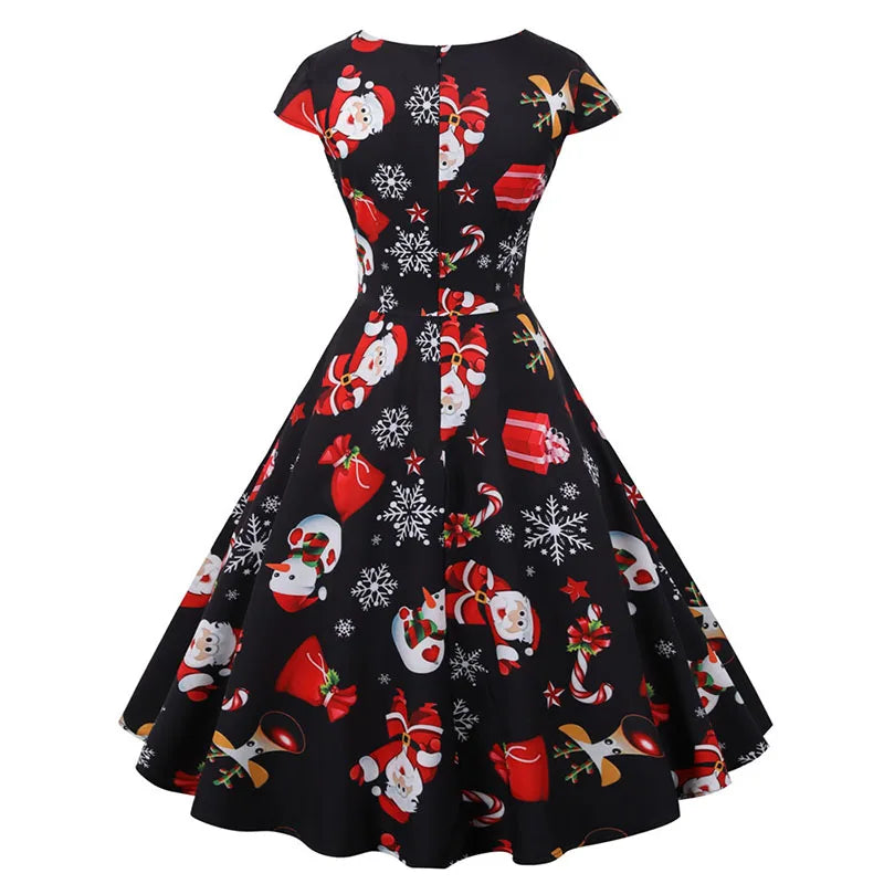 Christmas Party Dress Women Short Sleeve V Neck Elegant Vintage Print Xmas New Year Prom Sundress