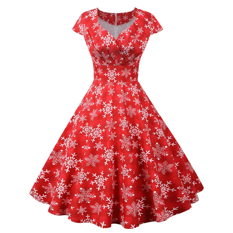 Christmas Party Dress Women Short Sleeve V Neck Elegant Vintage Print Xmas New Year Prom Sundress