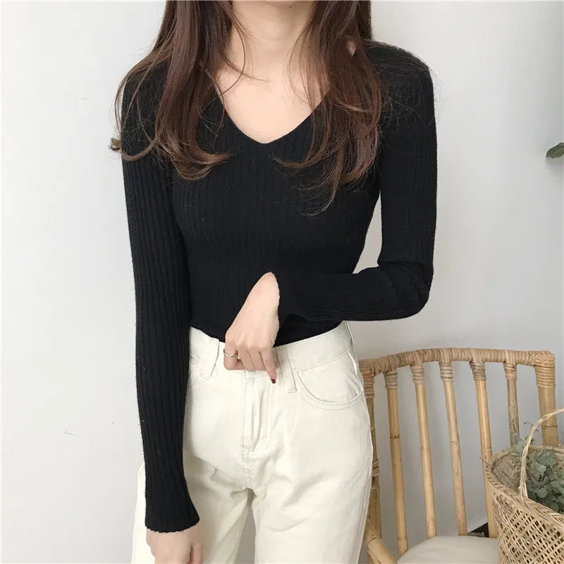 Korean Autumn V Neck Sweater Knitted Fashion Sweaters
 Slim Winter Tops For Women