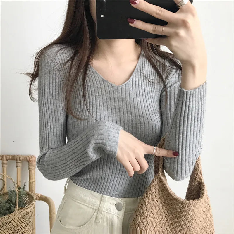 Korean Autumn V Neck Sweater Knitted Fashion Sweaters
 Slim Winter Tops For Women