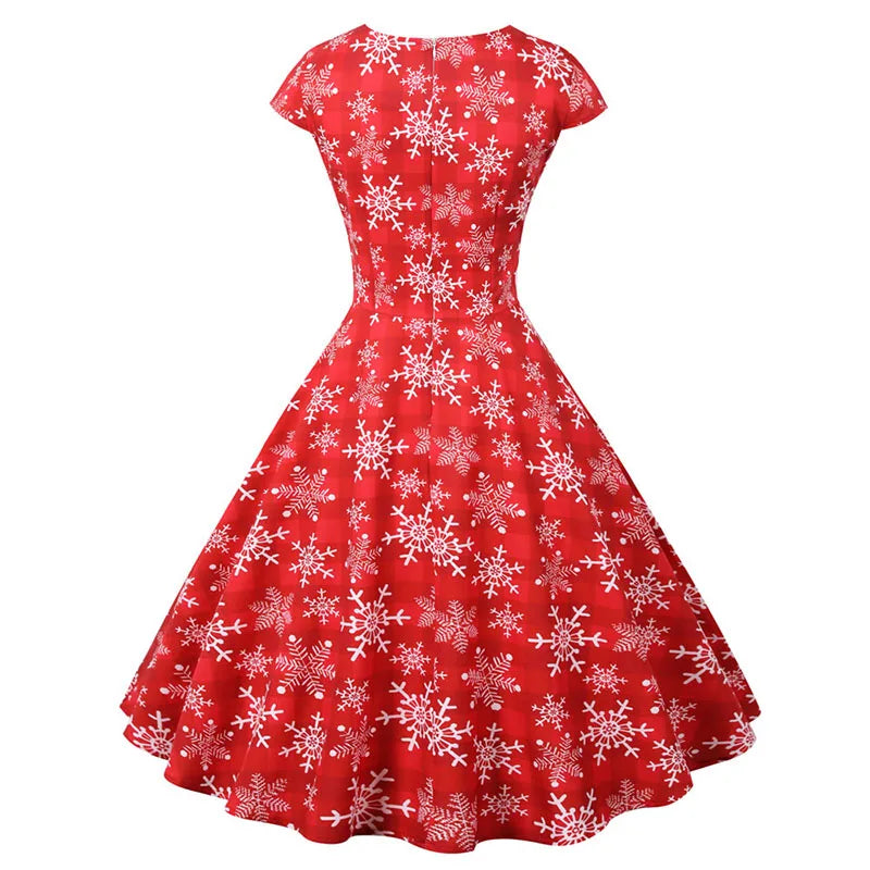 Christmas Party Dress Women Short Sleeve V Neck Elegant Vintage Print Xmas New Year Prom Sundress