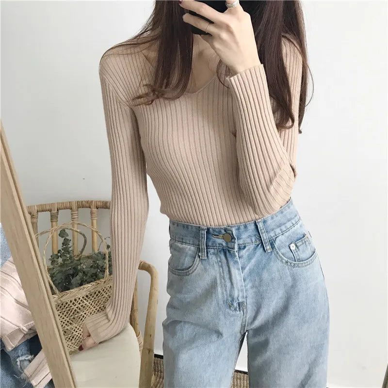 Korean Autumn V Neck Sweater Knitted Fashion Sweaters
 Slim Winter Tops For Women