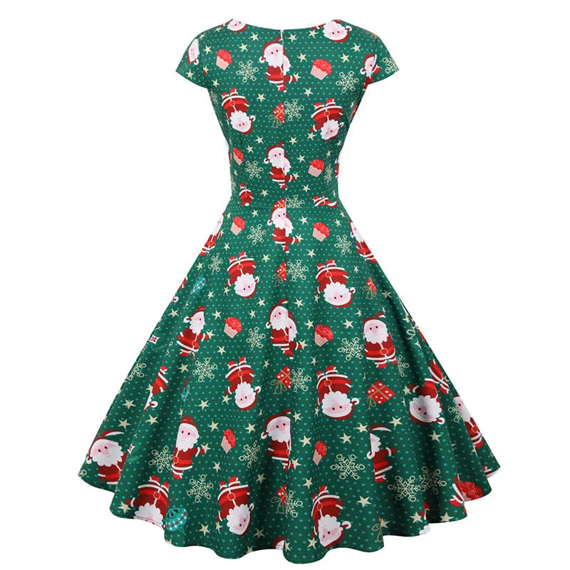 Christmas Party Dress Women Short Sleeve V Neck Elegant Vintage Print Xmas New Year Prom Sundress