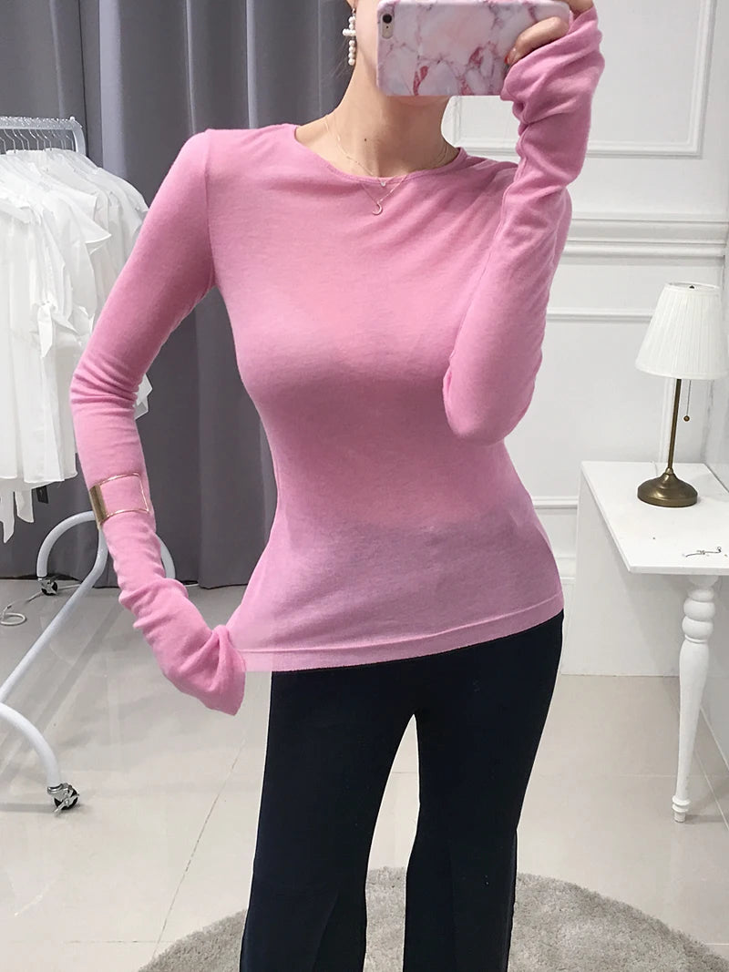 Shintimes Sexy Shirt Women T-Shirt Long Sleeve Korean Style Slim Basic Elasticity Tshirt