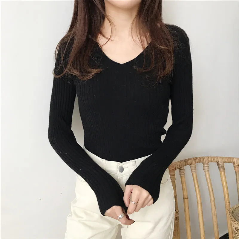 Korean Autumn V Neck Sweater Knitted Fashion Sweaters
 Slim Winter Tops For Women