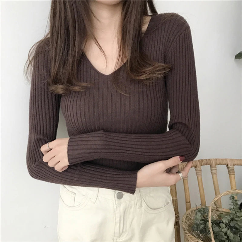 Korean Autumn V Neck Sweater Knitted Fashion Sweaters
 Slim Winter Tops For Women