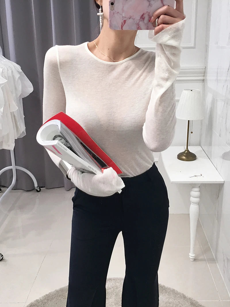 Shintimes Sexy Shirt Women T-Shirt Long Sleeve Korean Style Slim Basic Elasticity Tshirt