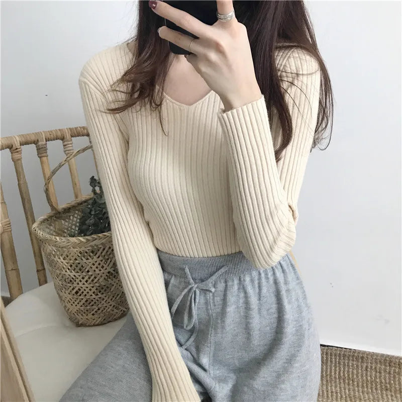 Korean Autumn V Neck Sweater Knitted Fashion Sweaters
 Slim Winter Tops For Women