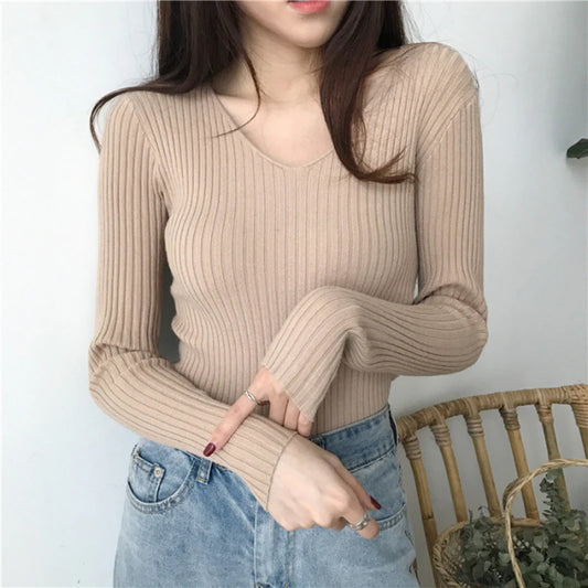 Korean Autumn V Neck Sweater Knitted Fashion Sweaters
 Slim Winter Tops For Women