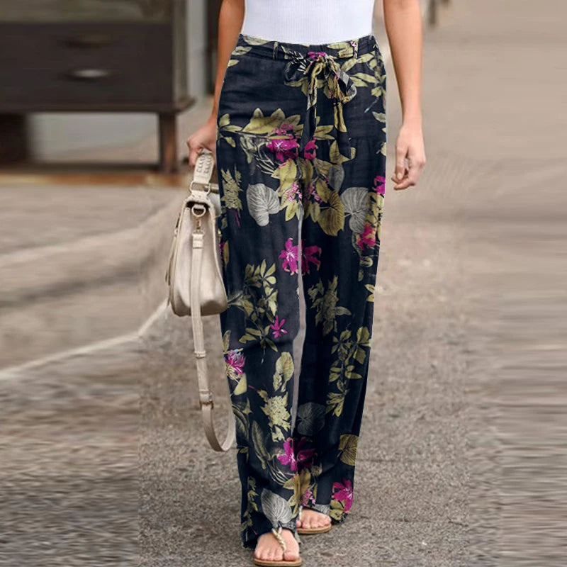 Vintage Women Drawstring Trousers Spring Autumn Fashion Floral Printed Wide Leg Pants