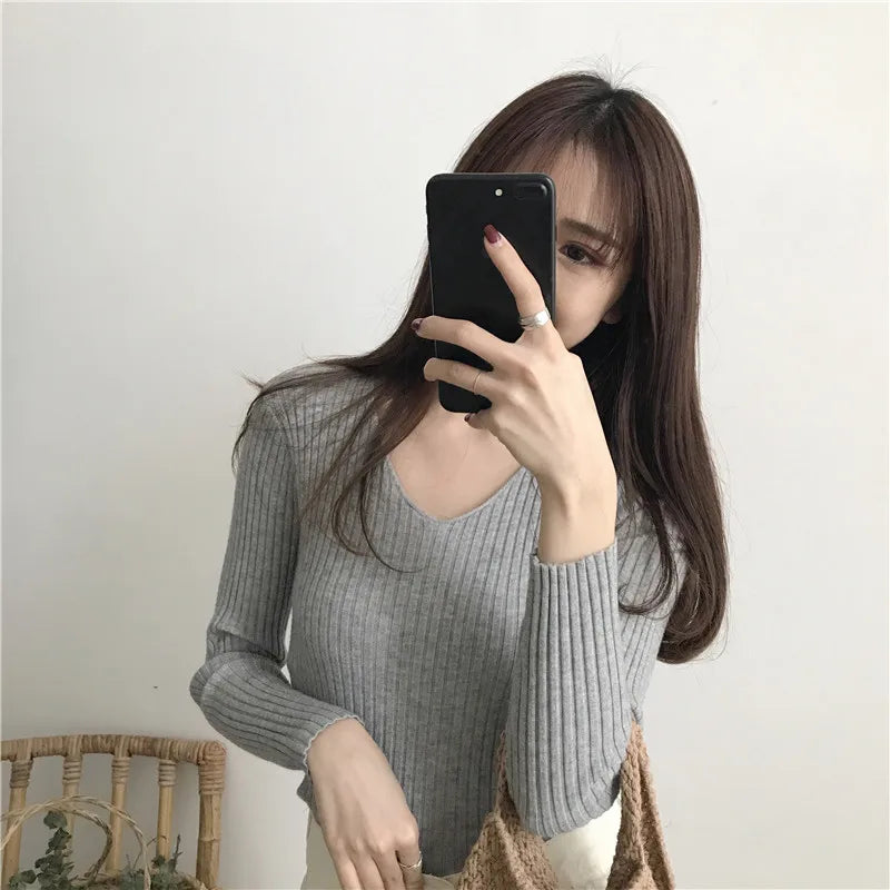 Korean Autumn V Neck Sweater Knitted Fashion Sweaters
 Slim Winter Tops For Women