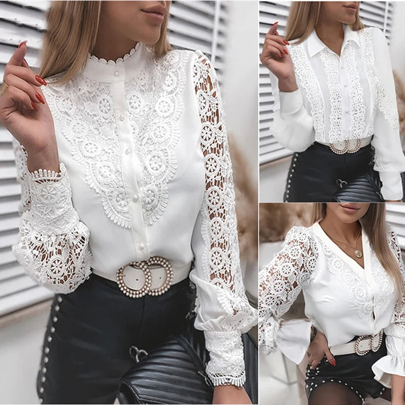 Shirts Elegant Office Ladies White Collared Lace Patchwork Hollow Out Button Up Womens Tops