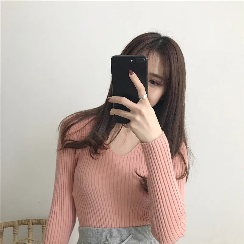 Korean Autumn V Neck Sweater Knitted Fashion Sweaters
 Slim Winter Tops For Women