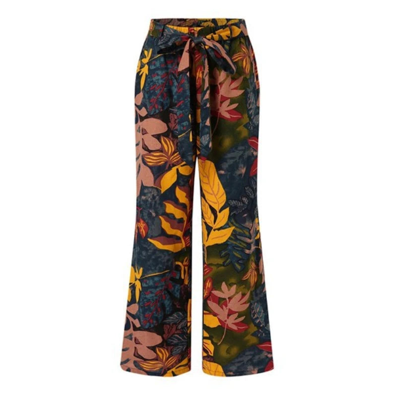 Vintage Women Drawstring Trousers Spring Autumn Fashion Floral Printed Wide Leg Pants