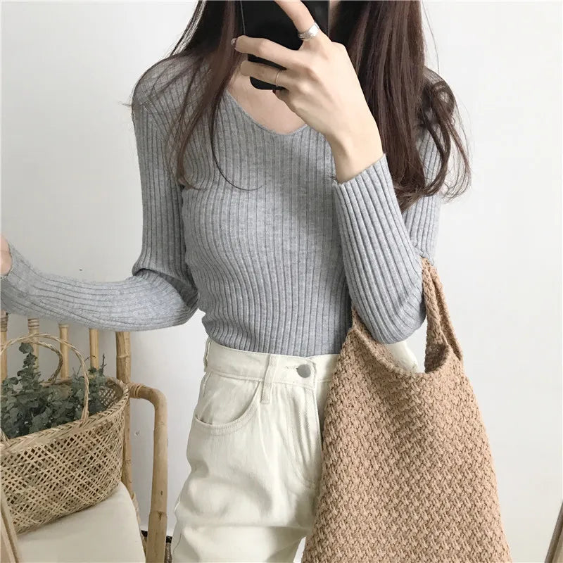 Korean Autumn V Neck Sweater Knitted Fashion Sweaters
 Slim Winter Tops For Women