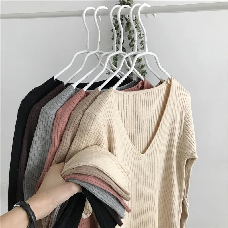 Korean Autumn V Neck Sweater Knitted Fashion Sweaters
 Slim Winter Tops For Women