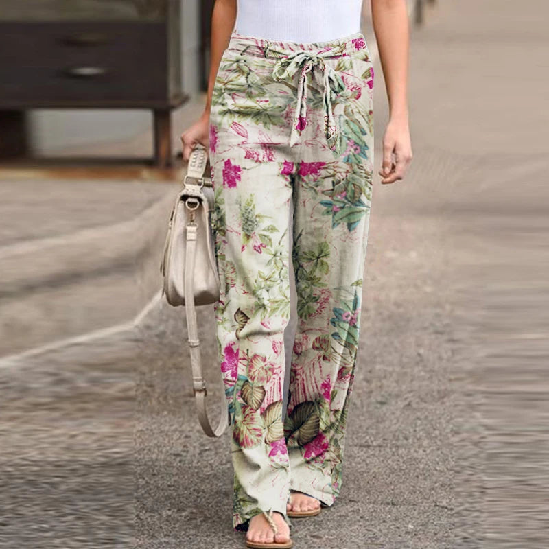 Vintage Women Drawstring Trousers Spring Autumn Fashion Floral Printed Wide Leg Pants