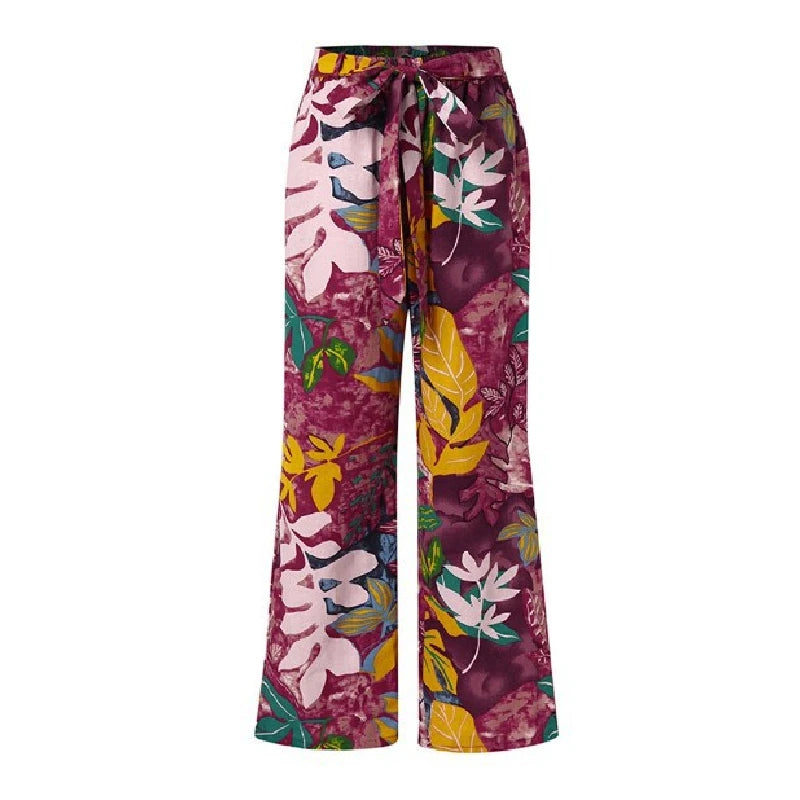 Vintage Women Drawstring Trousers Spring Autumn Fashion Floral Printed Wide Leg Pants