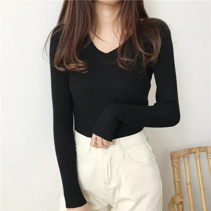 Korean Autumn V Neck Sweater Knitted Fashion Sweaters
 Slim Winter Tops For Women