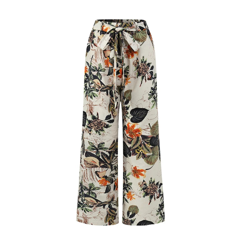 Vintage Women Drawstring Trousers Spring Autumn Fashion Floral Printed Wide Leg Pants