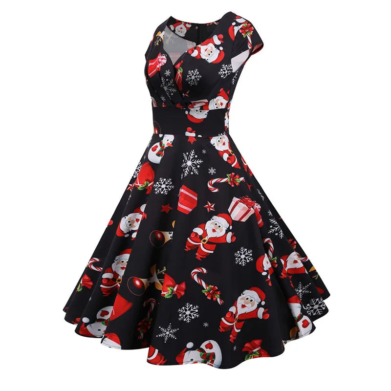 Christmas Party Dress Women Short Sleeve V Neck Elegant Vintage Print Xmas New Year Prom Sundress