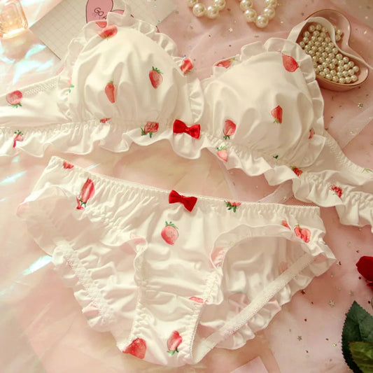 Strawberry Cute Japanese Milk Silk Bra & Panties Set Wirefree
 Set Kawaii Lolita Bra and Panty Set Pink Lingerie