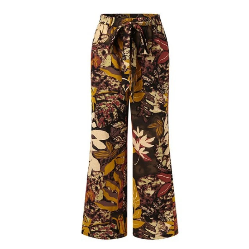 Vintage Women Drawstring Trousers Spring Autumn Fashion Floral Printed Wide Leg Pants