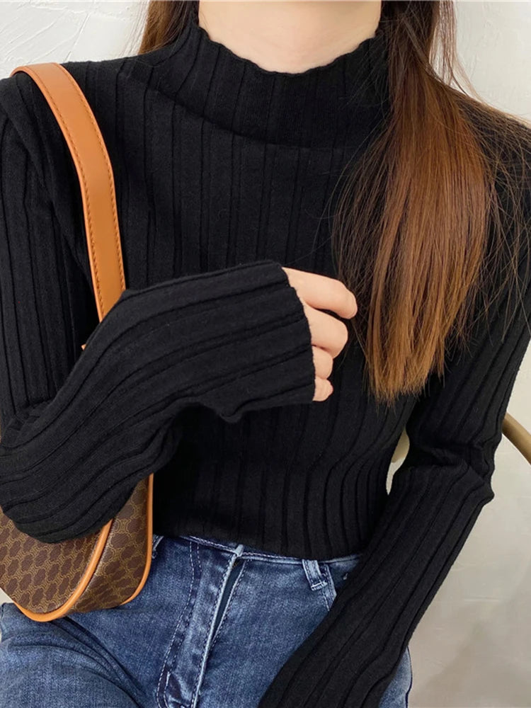 2024 Long Sleeve Slim Basic Pullover Woman Sweaters Solid Tops