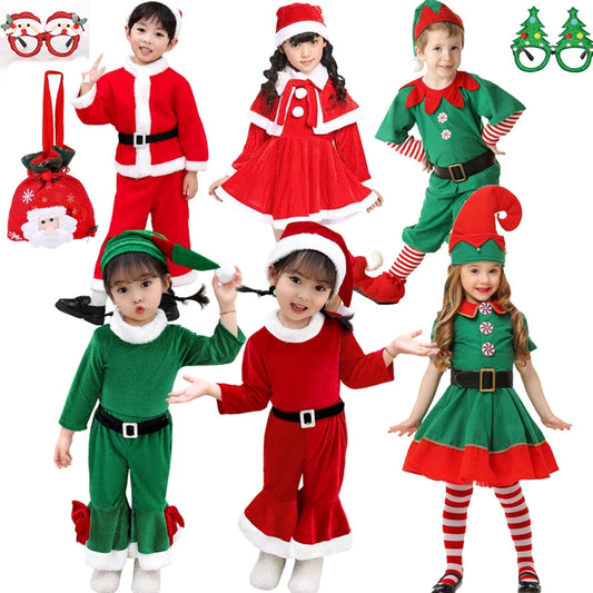 Christmas Girls Boys Santa Claus Costume Green Elf Cosplay  Outfits Carnival Party Festival Xmas New Year Fancy Dress Clothe Set