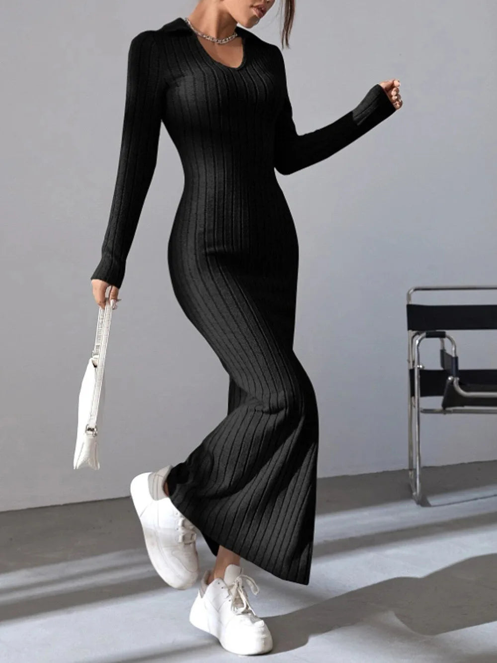 New style knitted slim lapel long sleeve dress pit strip solid color tight skirt