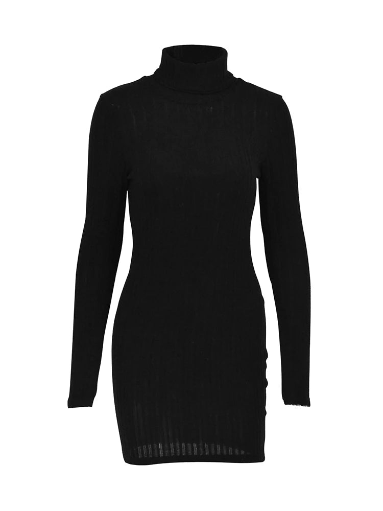 New Sexy Mini Dress For Women Autumn Black Solid Turtleneck Long Sleeves Sheath Dress