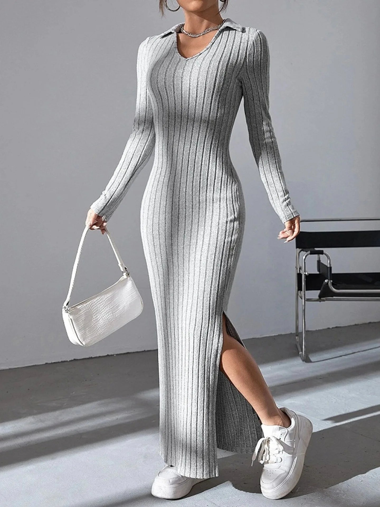 New style knitted slim lapel long sleeve dress pit strip solid color tight skirt