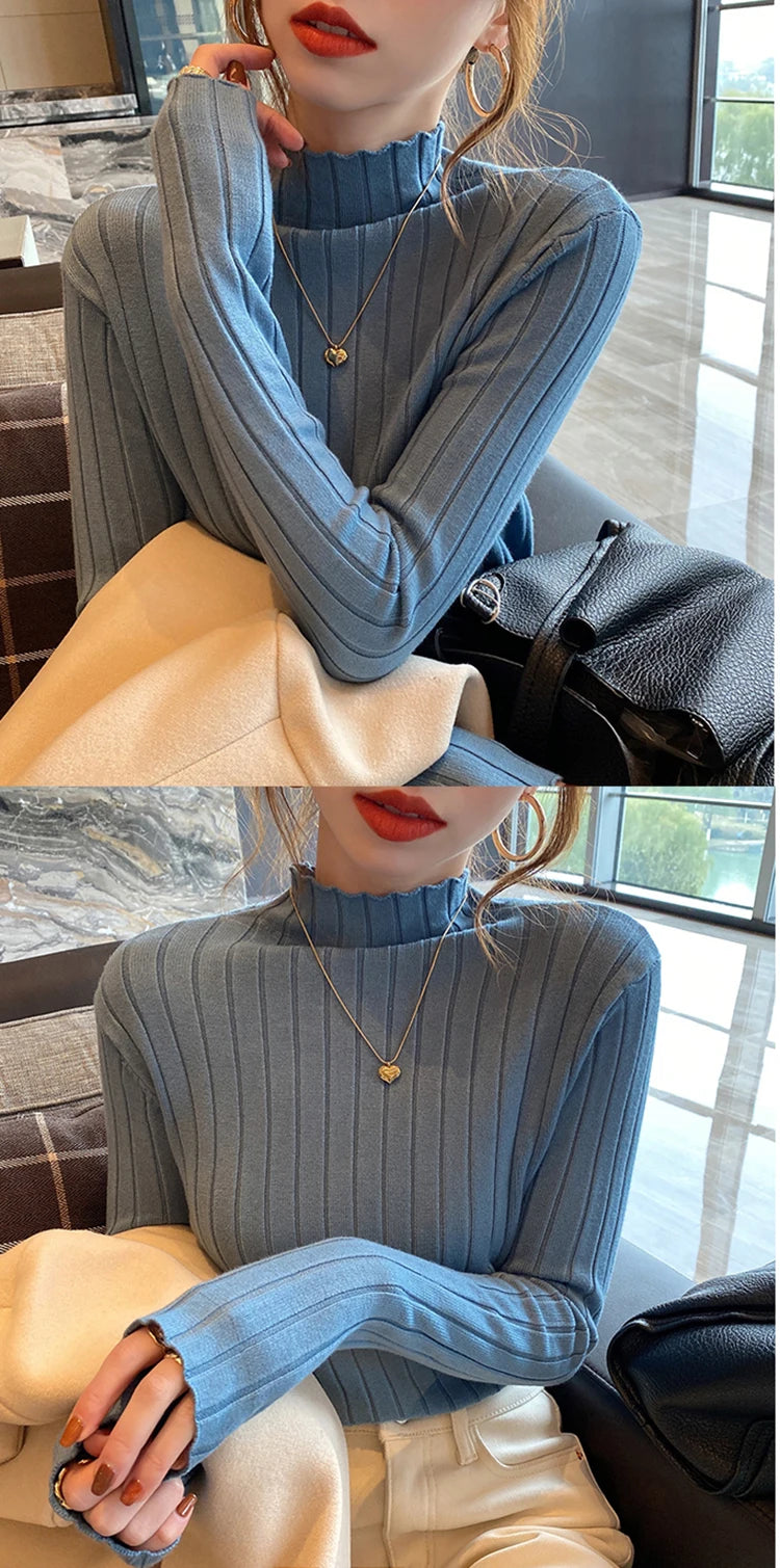 2024 Long Sleeve Slim Basic Pullover Woman Sweaters Solid Tops