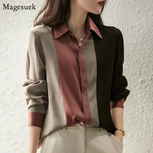 Women Satin Button Blouse Autumn New Vintage Long Sleeve Polo Collar Women Shirt