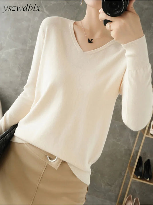 V-neck Knitted Pullovers Loose Bottoming Shirt Cashmere Fashion Jumper Solid Pink Sweater