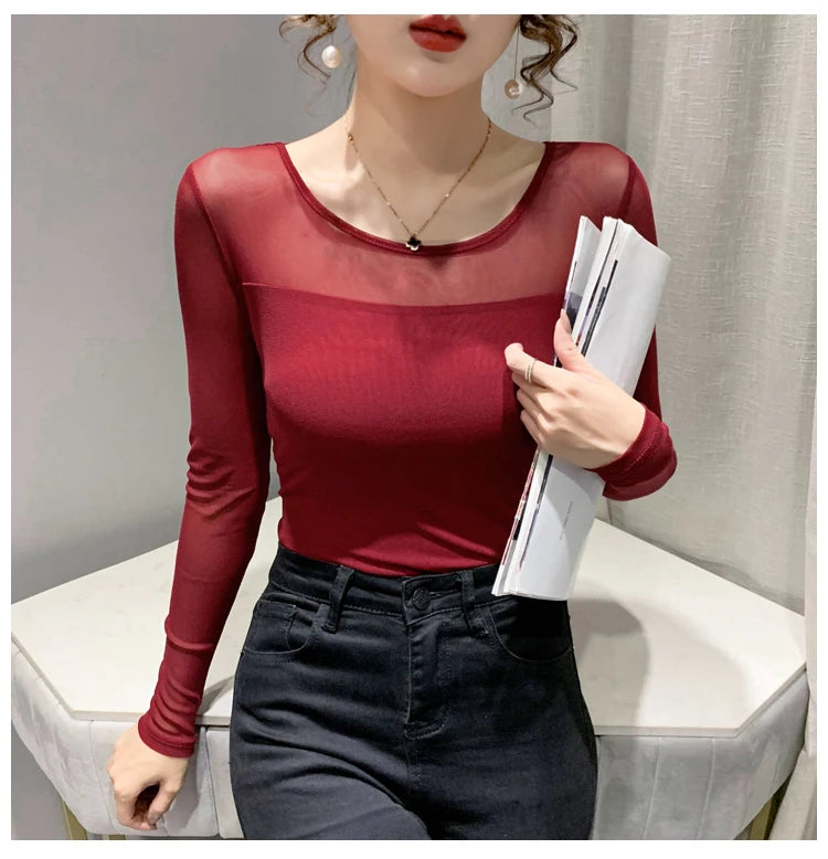 Autumn Winter Round Neck T shirt Women Sexy Mesh Bottoming Shirt Long Sleeve Solid Color Slim Fit Long Sleeve Casual Tops