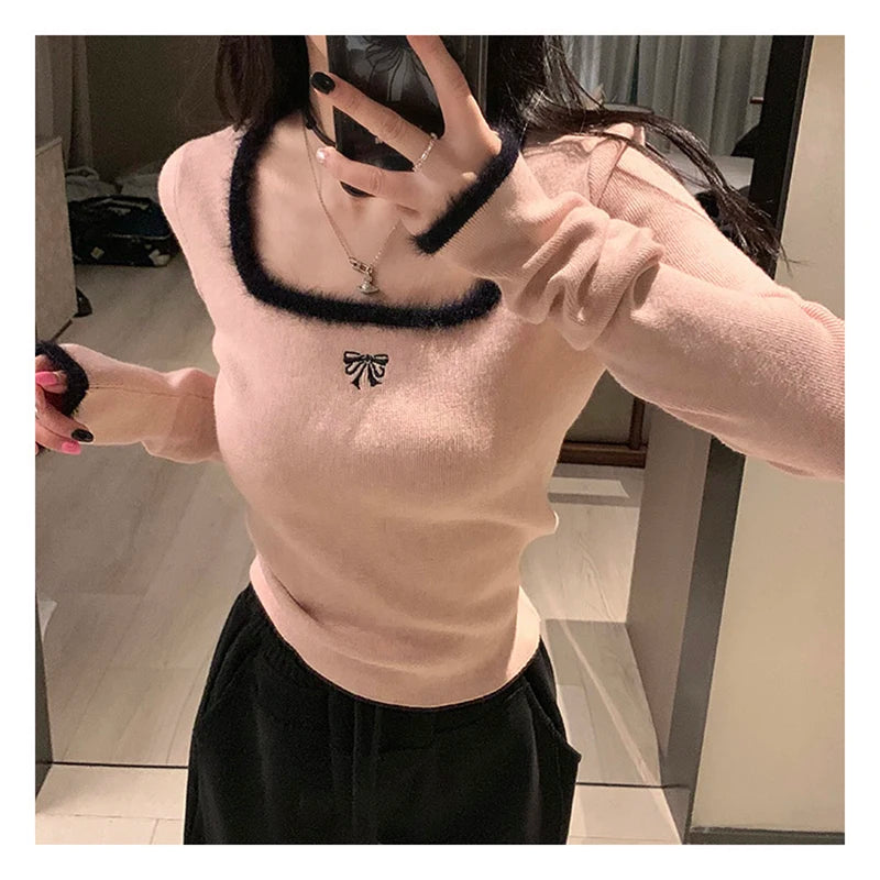 HELIAR Women Butterfly Embroidered T-shirts Square Neck  Long Sleeve Patchwork Y2K T-Shirts Casual Tees Women 2024 Autumn Winter